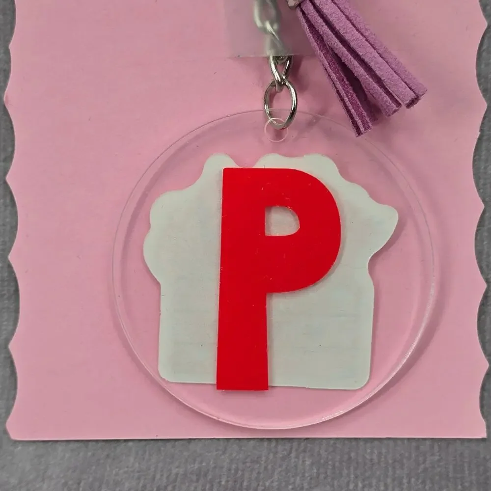 Letter Keychain Clear Silver Circle Handmade‎ Acrylic Tassel Flower P Purple